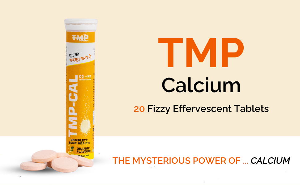 TMP CAL Calcium with Essential Vitamin D3, Vitamin K2 for Complete Health Support | Vitamin D3,B6,Calcium & Magnesium Combination | Orange Flavour (1 Pack (20 Effervescent Tablets))