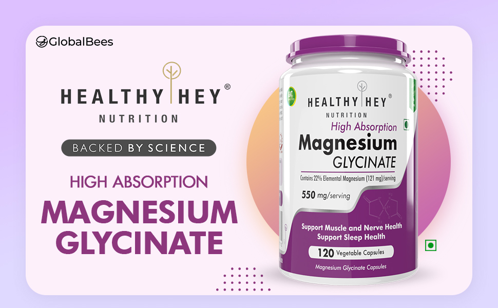 HealthyHey Nutrition High Absorption Magnesium Glycinate, 550mg - 300 Vegetable Capsules - Pack of 2