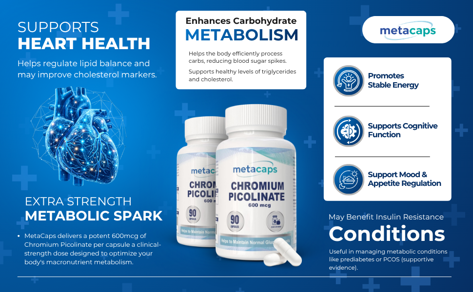 MetaCaps Chromium Picolinate 600mcg – 90 Veg Capsules | Extra Strength Metabolic Support & Glucose Balance | High-Absorption Trace Mineral for Weight Management & Cravings
