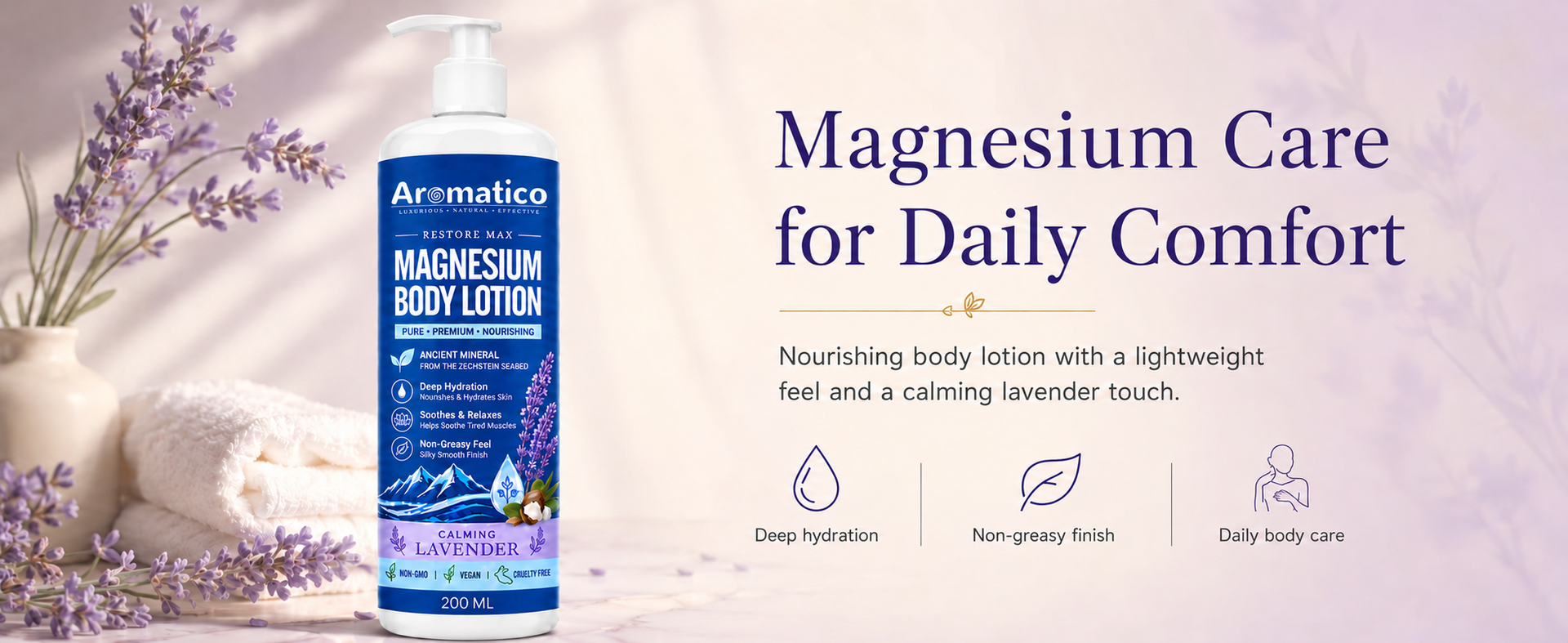 AROMATICO Magnesium Body Lotion. Topical Magnesium Supplement for Muscle Recovery, Skin Hydration & Nourishment. Non Greasy, Natural Ingredients – 200ml.