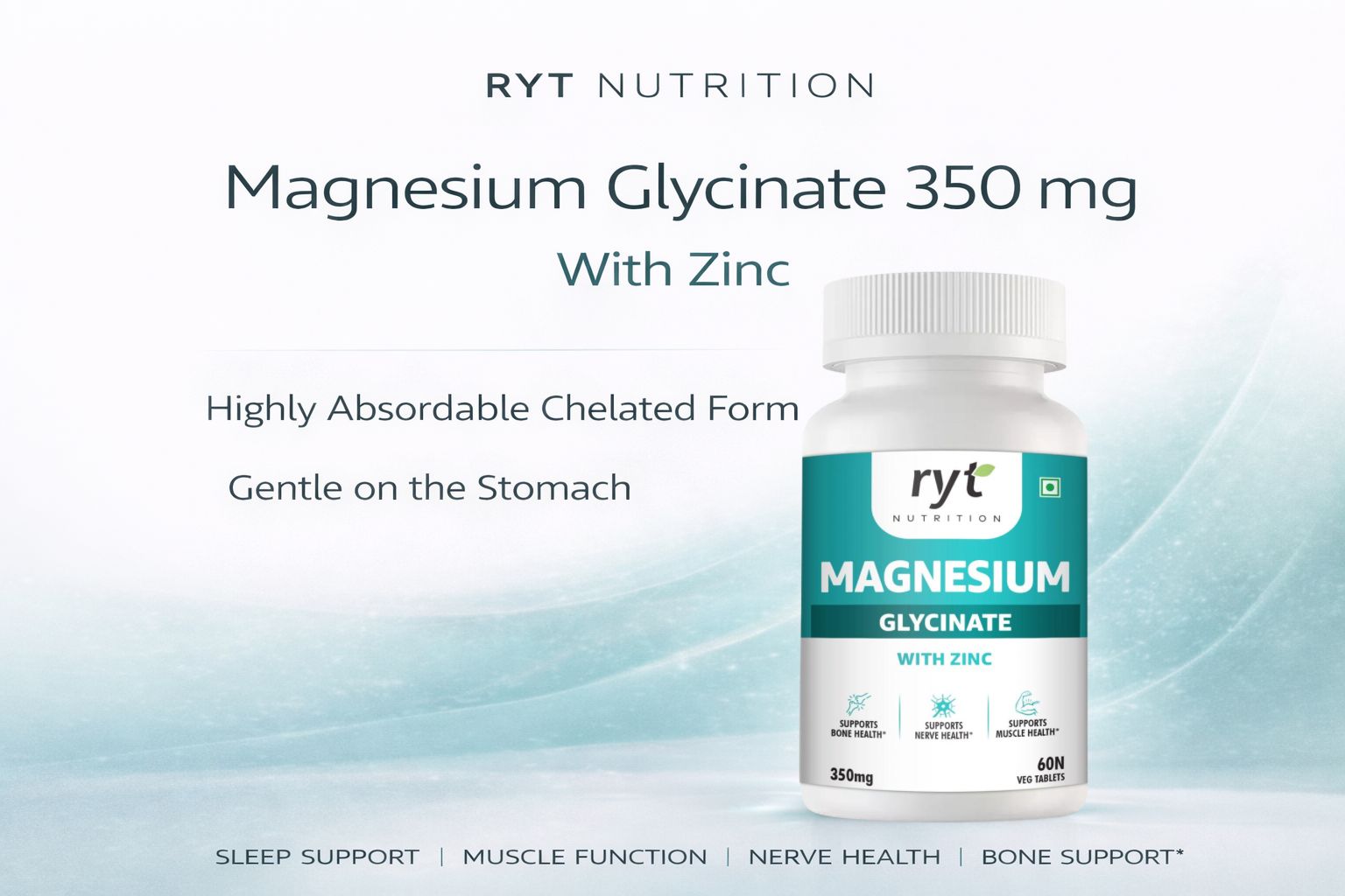Magnesium Glycinate with Zinc, 350mg, 60 Vegetarian Tablets, Supports Bone, Nerve and Muscle Health