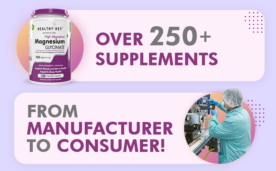 HealthyHey Nutrition High Absorption Magnesium Glycinate, 550mg - 120 Vegetable Capsules - Pack of 4