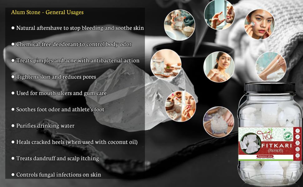 Fitkari Natural Potassium Alum Crystal, Raw, Multi-Purpose for Beauty and Hygiene,Alum Stone for Face | Fitkari Stone for Skin Tightening, Water Purification, Shaving & Teeth Care | Premium White Crystals Fitkiri Alum | Gentle & Effective Pack of (100 g)