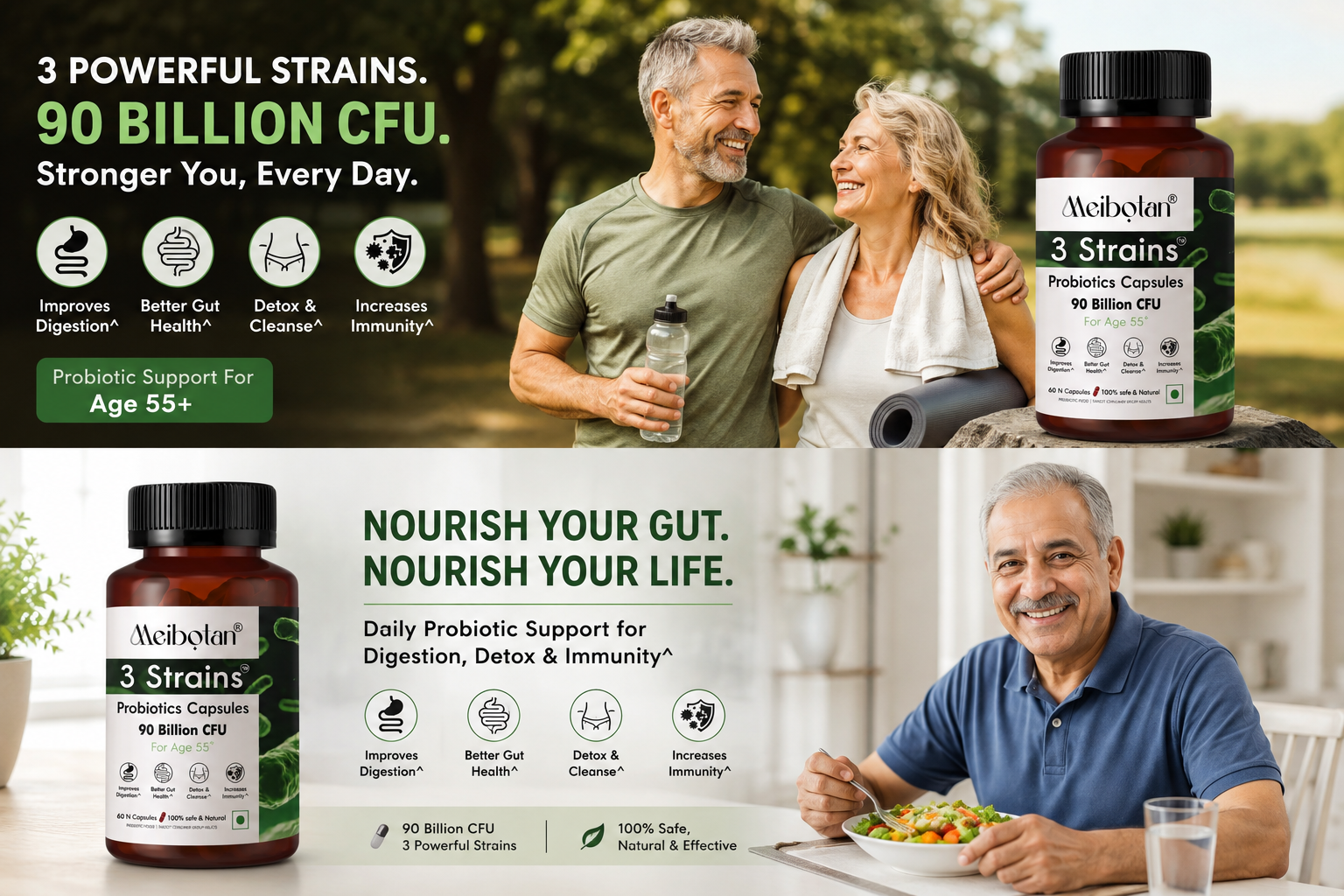 Best Probiotics Supplement 3 Strains with 90 Billion CFU For Men & Women with Prebiotics - Gut Support, Digestion, Immunity Support, Detox & Cleanse - 60 Vegetarian Capsules,Age 55+
