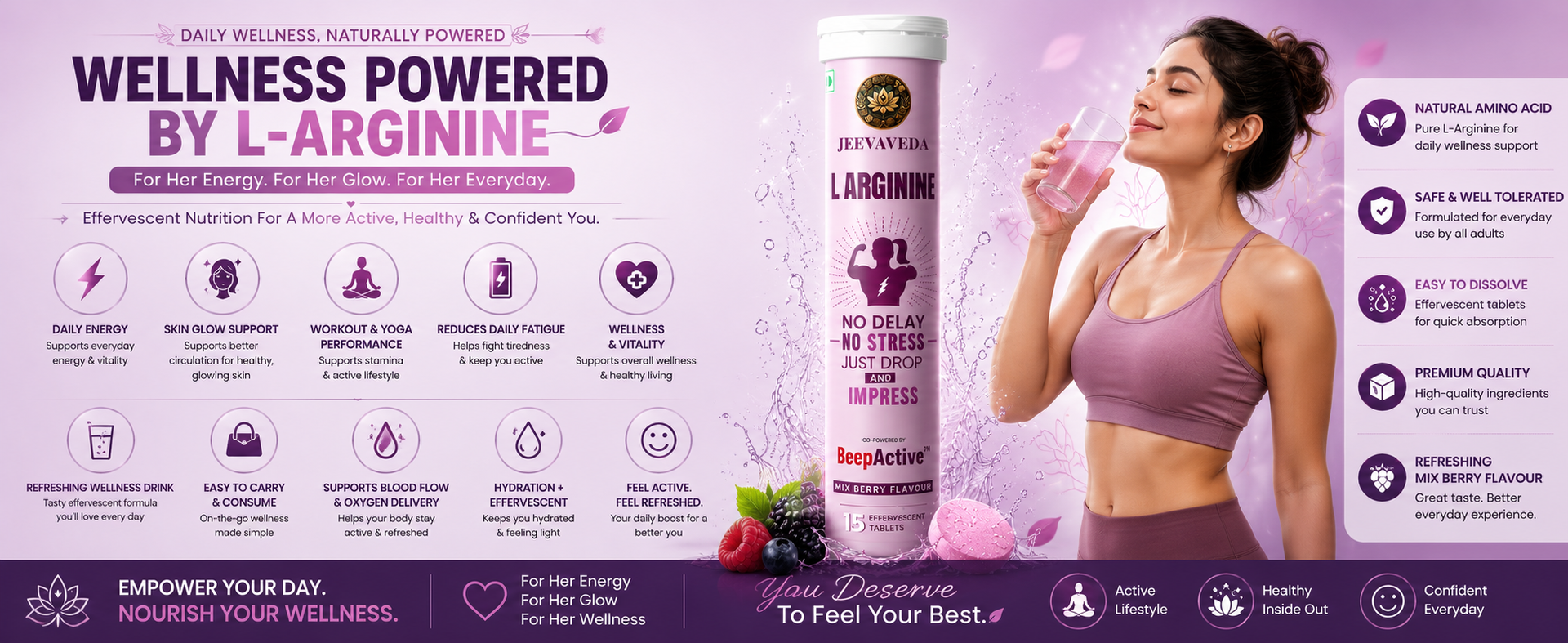 L-Arginine Effervescent Tablets | 750mg L-Arginine with L-Citrulline, Natural Caffeine, Brahmi, Shatavari & Beep Active | Mixed Berry Flavour | Pack of 2 Tubes (30 Tablets) | Daily Strength & Stamina Drink | Zero Sugar