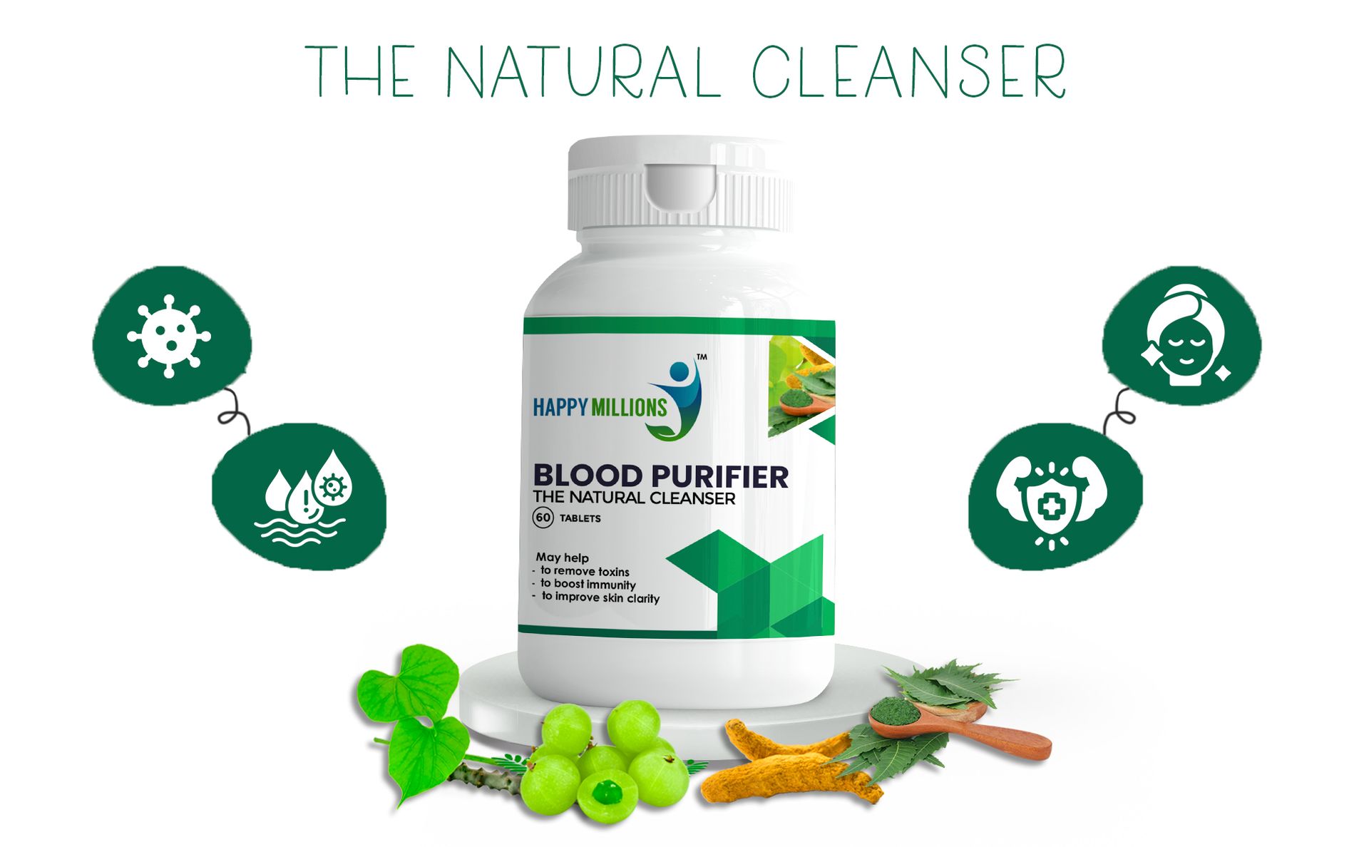 HappyMillions Blood Purifier Ayurvedic Detox for Clear Skin & Pimples Reduction Boosts Immunity with Neem, Giloy, Amla & Haldi Supports Liver Health 2 Tablets Daily For Healthcare Advised 60 Tablets