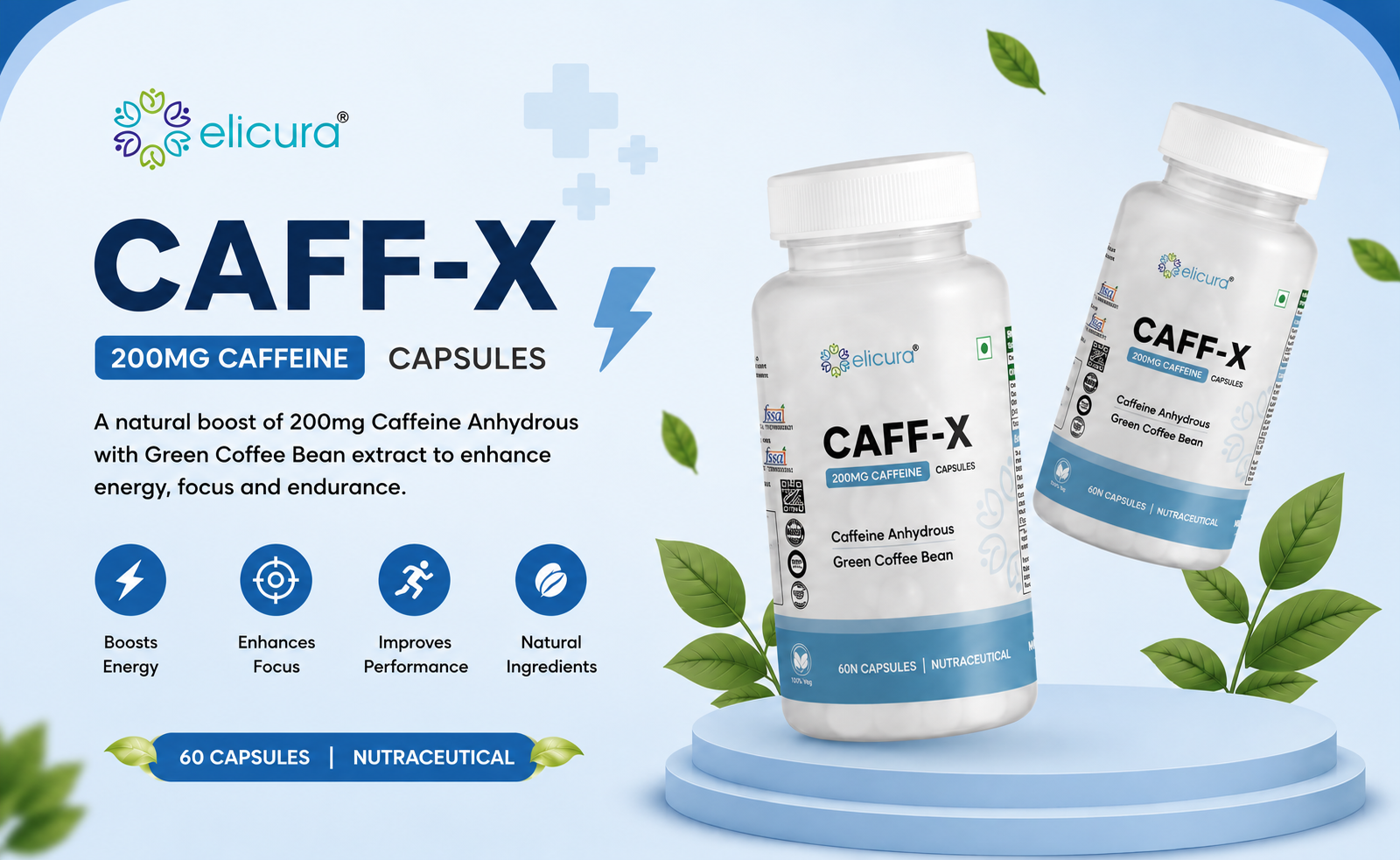 Caff-X Energy Boost Capsules | 200mg Caffeine for Focus, Mental Alertness & Performance | Green Coffee Bean Extract for Metabolism & Fat Burning | Supports Physical Endurance & Weight Management - 60 Veg Capsules (Pack of 2)