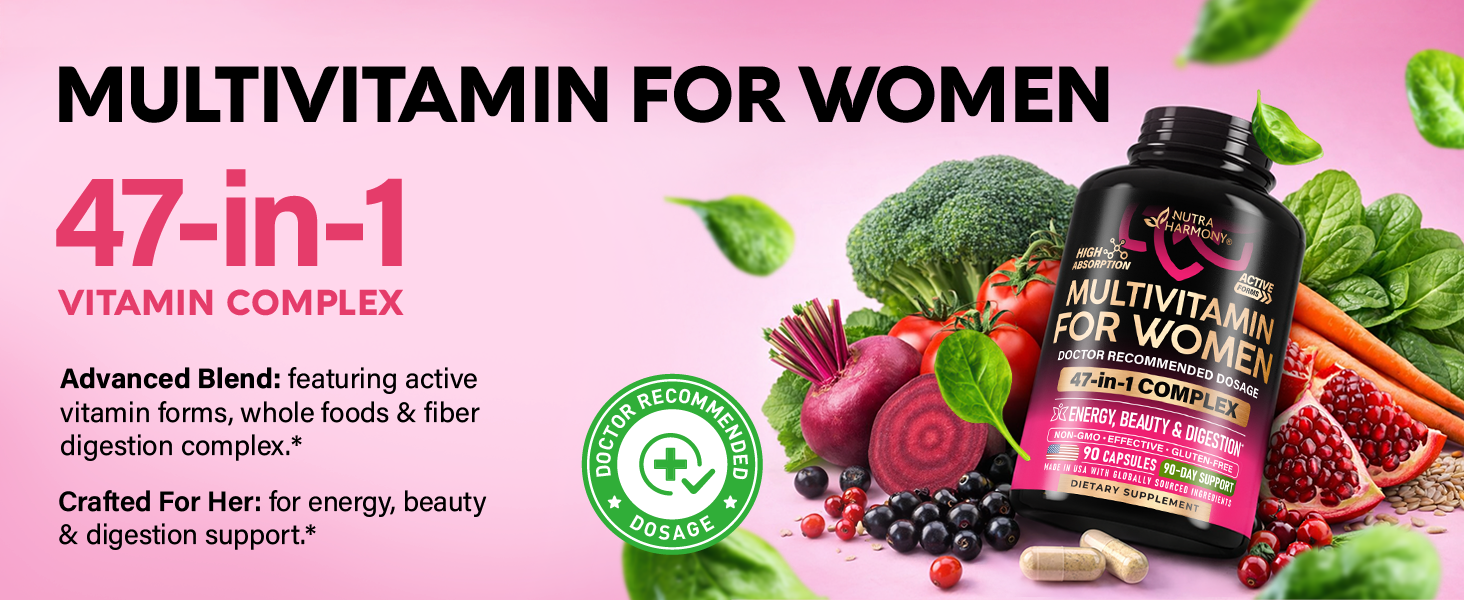 Multivitamin for Women 47in1 - B-Complex, Biotin, D3 & K2, Iron - 90 Caps