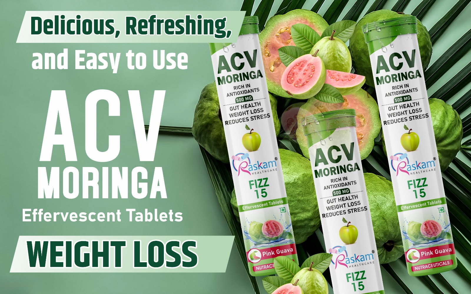 Apple Cider Vinegar Moringa Fizz Tablets 500mg – Pink Guava, Antioxidant & Immunity Booster, No Added Sugar – 15 Effervescent Tabs (Pack of 2)