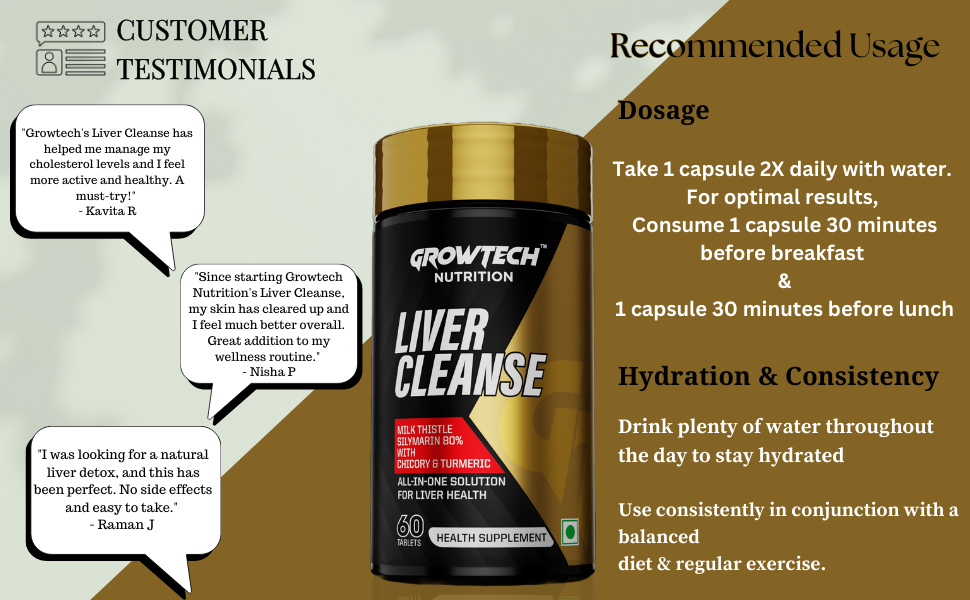 Growtech Nutrition Liver Cleanse & Detox Supplement | Re-Generate & Repair Formula With Milk Thistle | Supports Gut Health & Cholesterol 60 Tablets