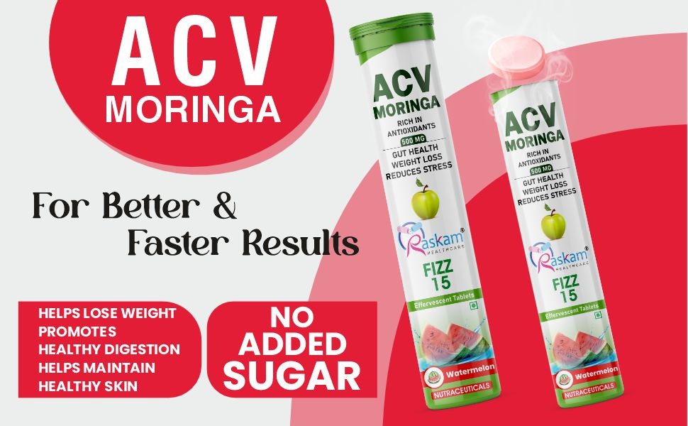 ACV Moringa 15 Effervescent Tablets 500mg Apple Cider Vinegar With No Added Sugar For Gut Health | Immunity Booster | Weight Loss | (Pack of 1, Refreshing Watermelon Flavour)