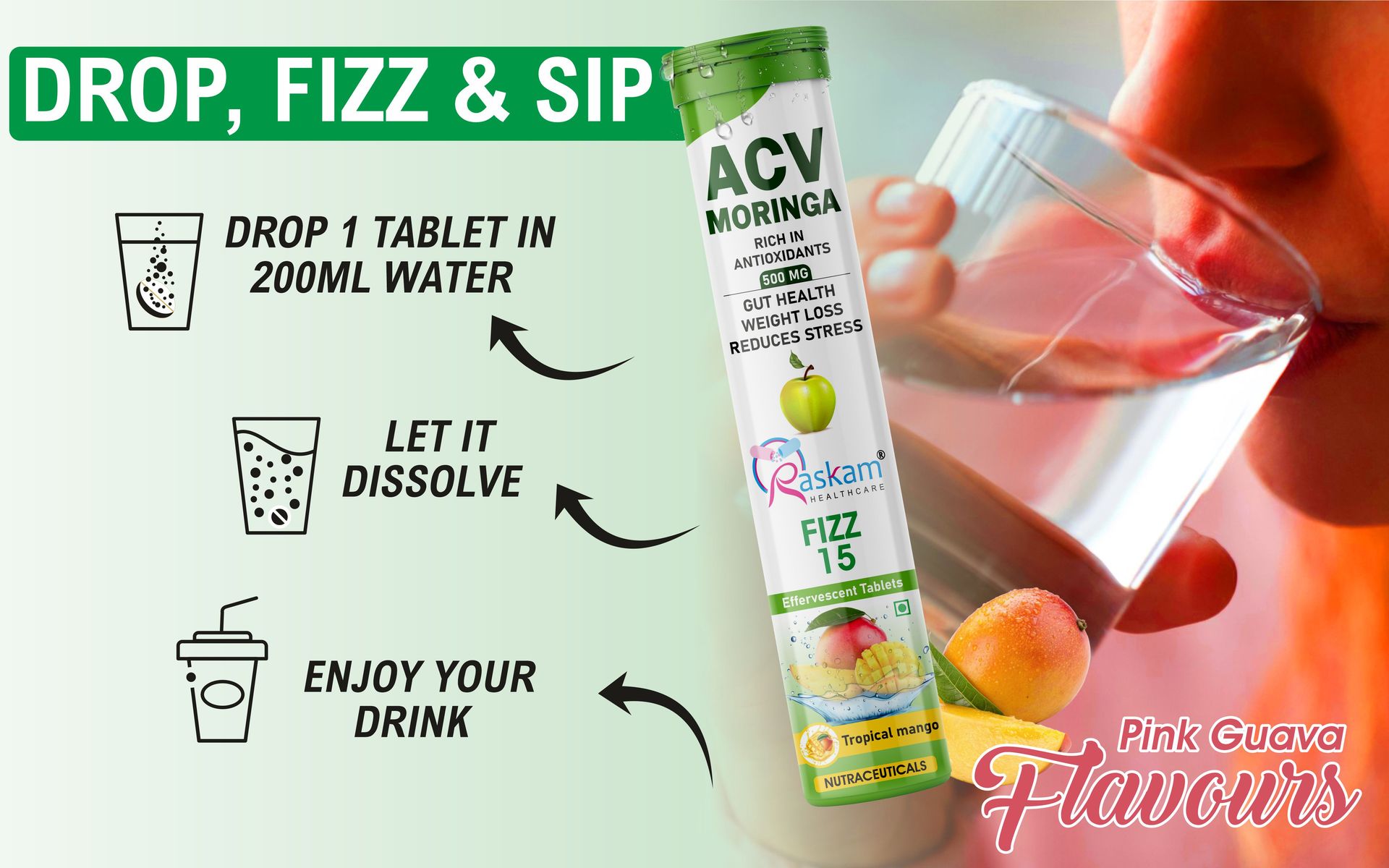 ACV Moringa Antioxidant Effervescent Tablets 500mg – Tropical Mango Flavor, Immunity & Energy Support – 15 Fizz Tabs (Pack of 5)