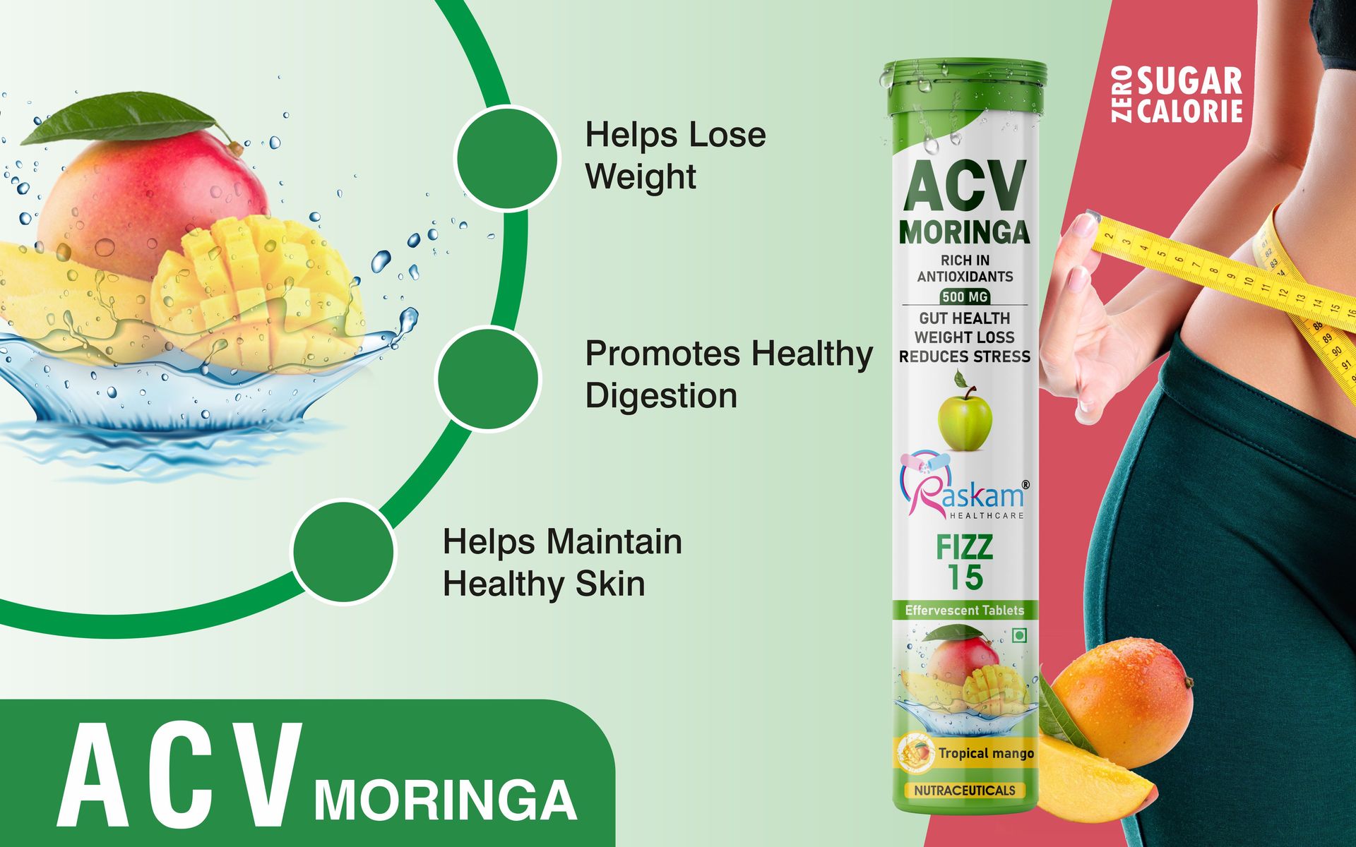 Apple Cider Vinegar (ACV) with Moringa Effervescent Tablets 500mg – Tropical Mango Flavor, No Added Sugar, Supports Appetite Control, Immunity & Natural Energy – 15 Fizz Tabs (Pack of 1)
