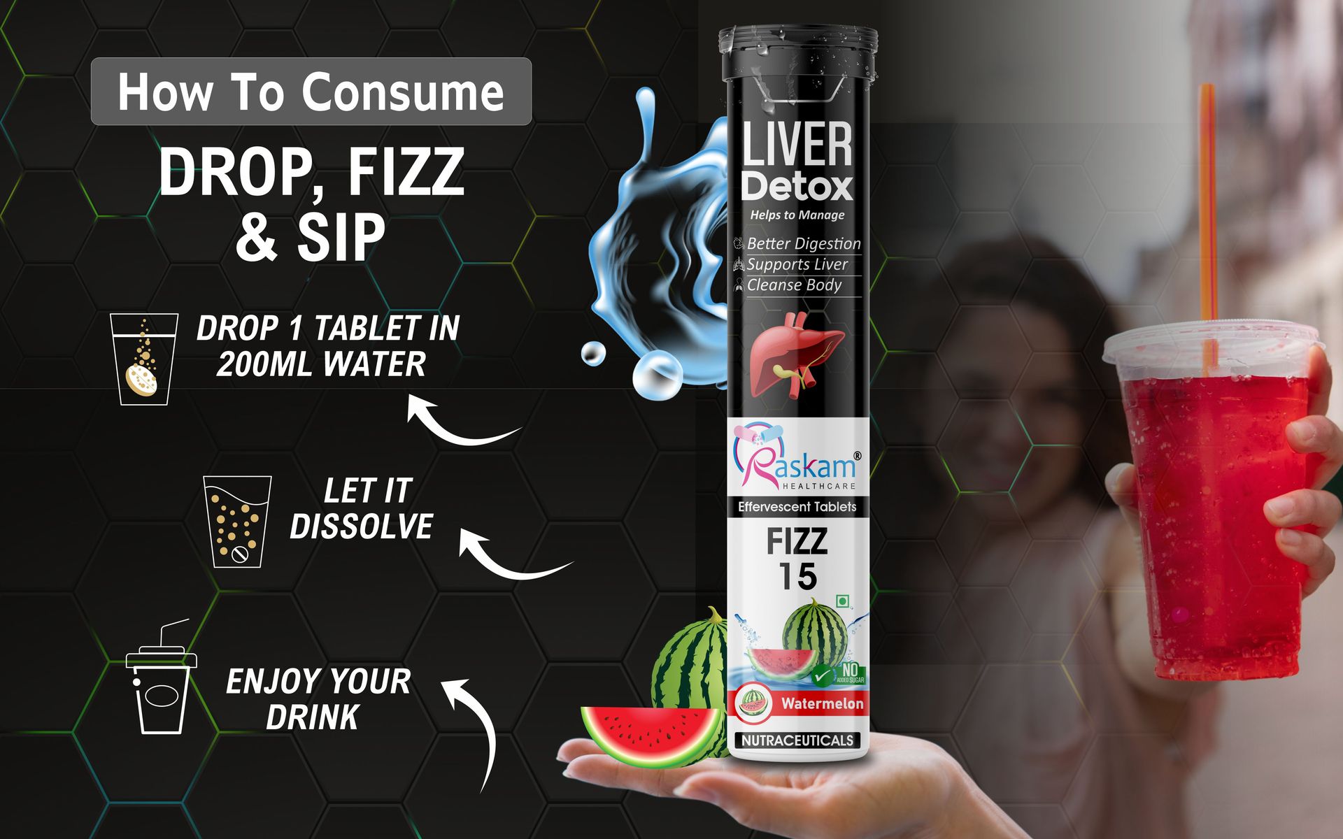 Liver Detox Effervescent – Plant-Based Detox with 9 Ayurvedic Herbs | Sugar-Free | Refreshing Watermelon Flavor | Drop, Fizz, Sip | Fizz 15 Tablets Pack of 3