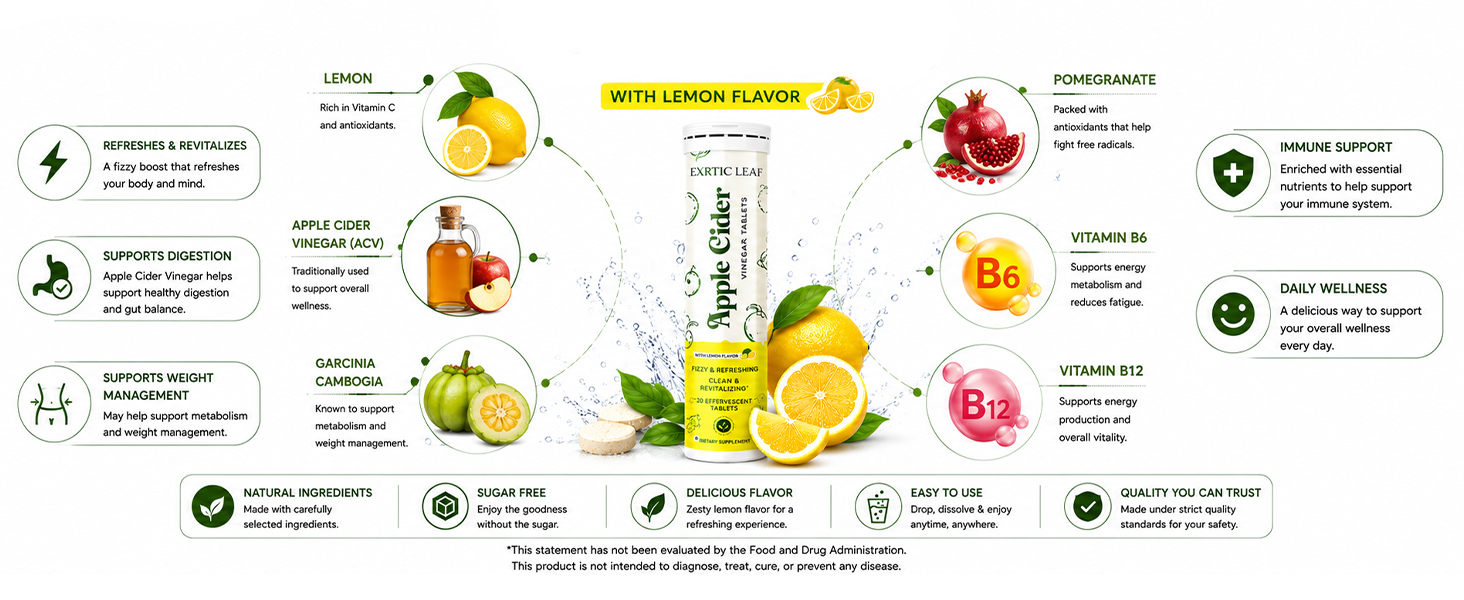Apple Cider Vinegar Effervescent Tablets | 500mg ACV with Mother | Beetroot, Pomegranate, Vitamin B6 & B12 | Supports Gut Health, Detox & Weight Management | Lemon Flavour | 20 Tablets