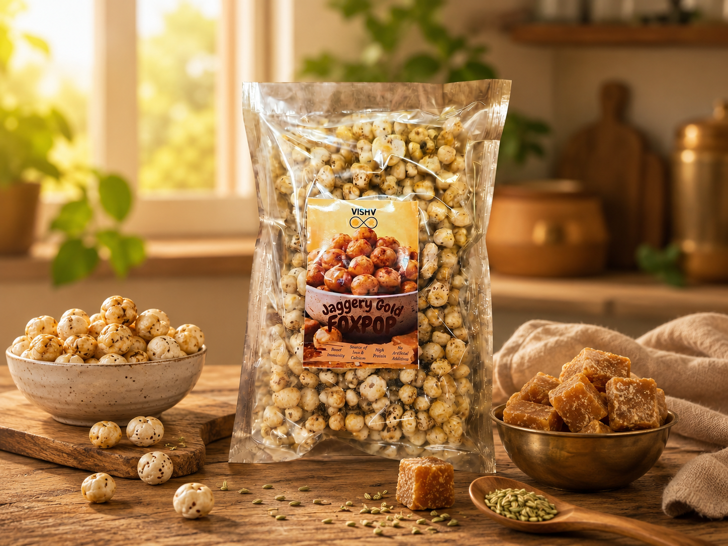 VISHV Roasted Makhana (Fox Nuts) 100g | Natural Jaggery Coated Flavoured Makhana | Healthy Crunchy Snack | Rich in Iron & Calcium | No Artificial Colours or Preservatives