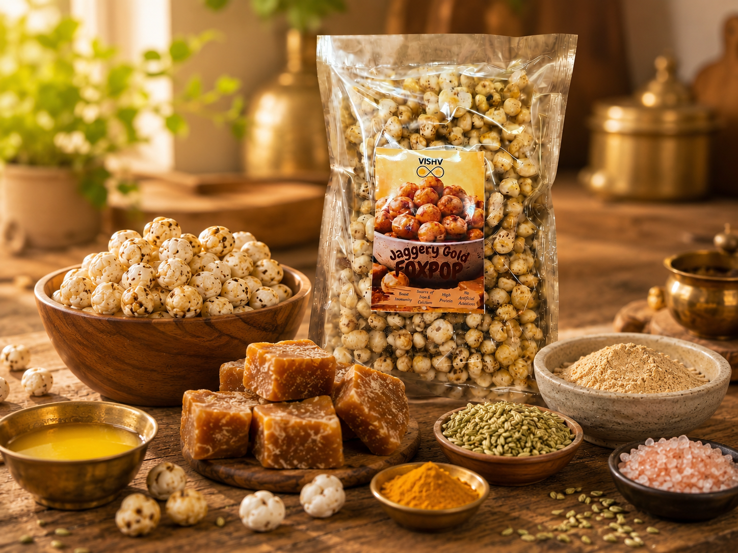 VISHV Roasted Makhana (Fox Nuts) 100g | Natural Jaggery Coated Flavoured Makhana | Healthy Crunchy Snack | Rich in Iron & Calcium | No Artificial Colours or Preservatives