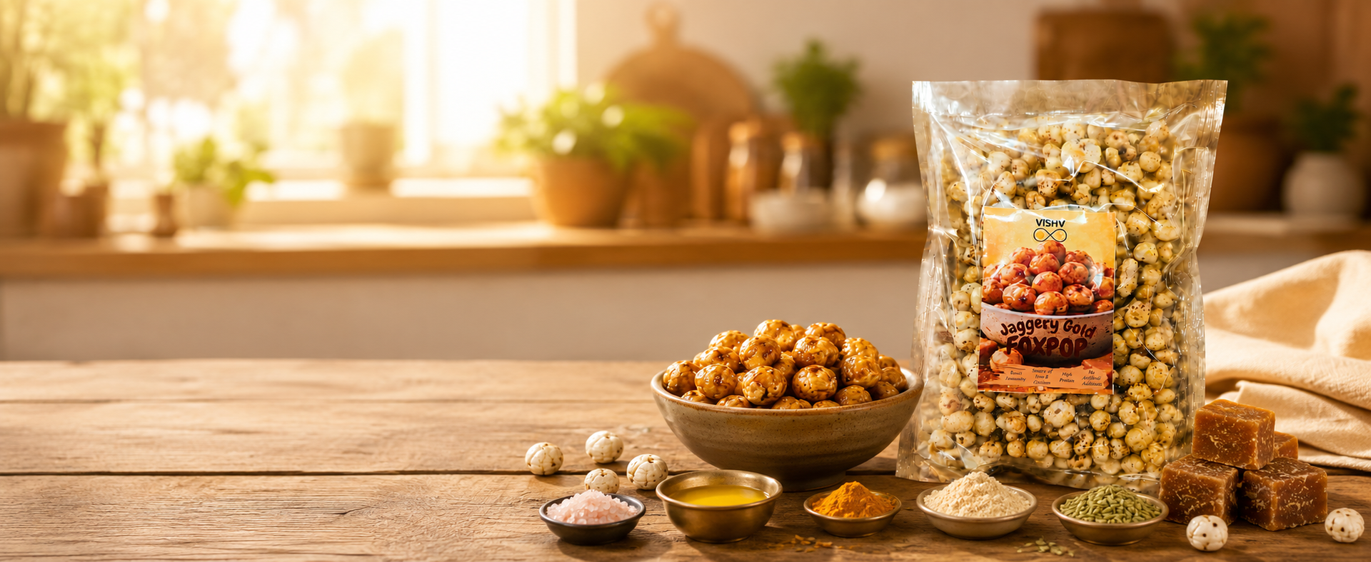 VISHV Roasted Makhana (Fox Nuts) 100g | Natural Jaggery Coated Flavoured Makhana | Healthy Crunchy Snack | Rich in Iron & Calcium | No Artificial Colours or Preservatives