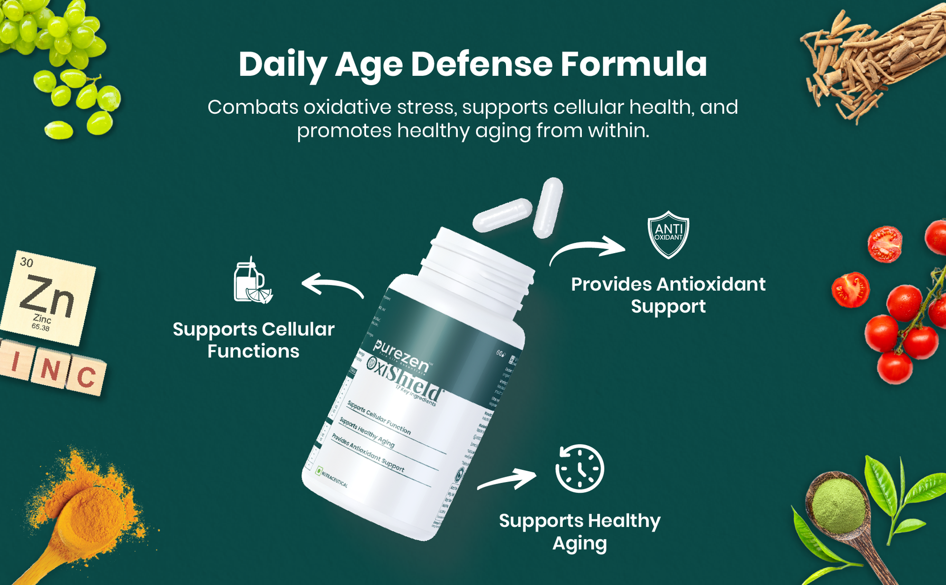Purezen OxiShield | Powerful Multi-Antioxidant Supplement with Astaxanthin, Zeaxanthin, Lycopene, Turmeric & Alpha Lipoic Acid for Cellular Health & Healthy Aging | 60 Capsules