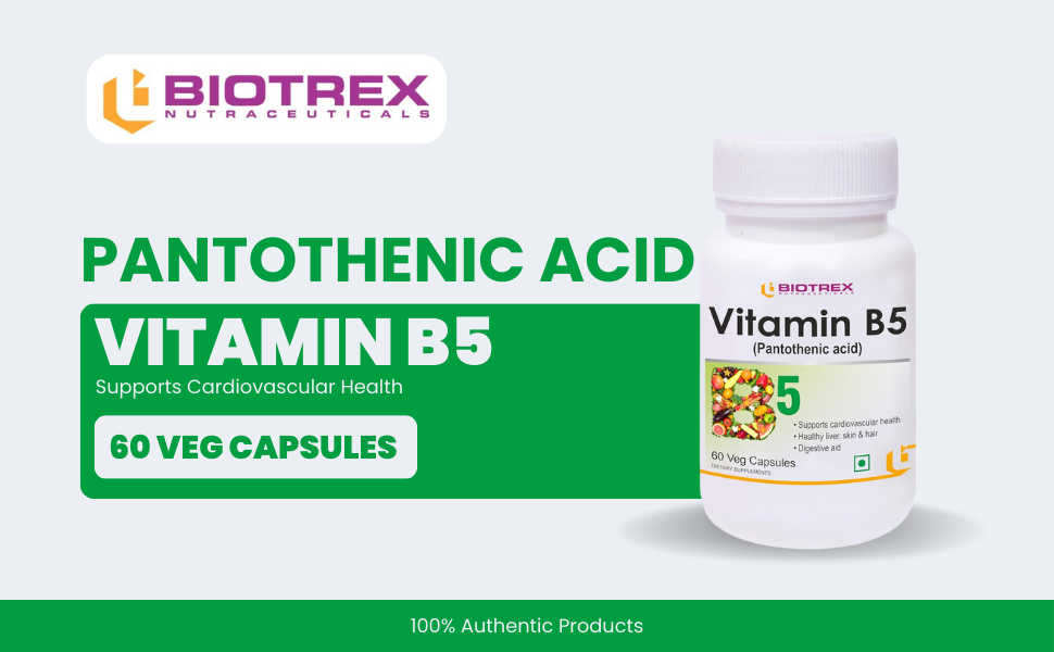 Biotrex Nutraceuticals Vitamin B5 (Pantothenic acid) Supplement | Daily 100% RDA | Energy & Metabolism | Nerve Health | Healthy Cholesterol Levels | Hair, Skin & Nails | Lab Tested | 60 Veg Capsules