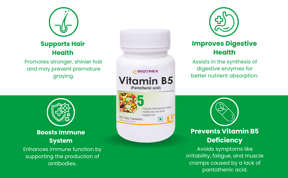 Biotrex Nutraceuticals Vitamin B5 (Pantothenic acid) Supplement | Daily 100% RDA | Energy & Metabolism | Nerve Health | Healthy Cholesterol Levels | Hair, Skin & Nails | Lab Tested | 60 Veg Capsules