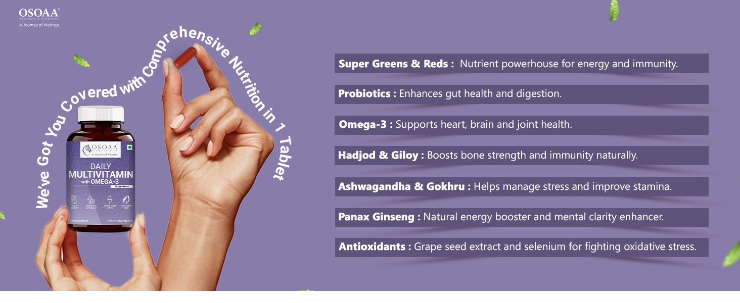 OSOAA Daily Multivitamin with Omega 3 & Probiotics - 60 Veg Tablets | 53 Vital Vitamins & Minerals with Zinc, Vitamin C, Vitamin D, Vitamin B12, and Multiminerals - Supports Immunity & Gut Health