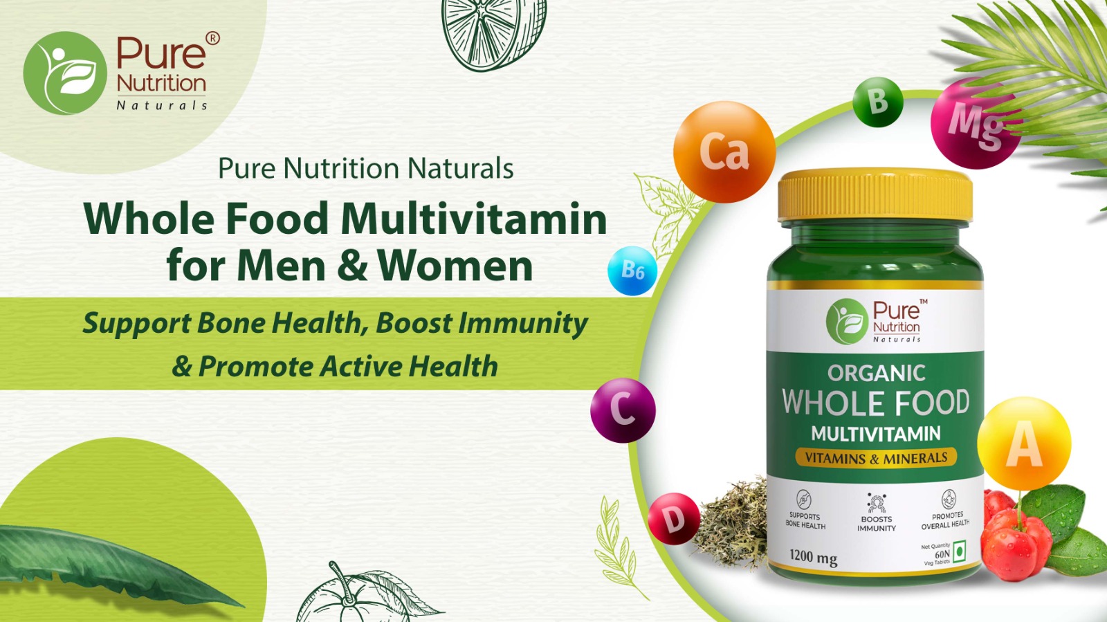 Pure Nutrition Organic Whole Food Multivitamin | Plant Based Multivitamin Tablets with Vitamins A, C, D3, E, K2, B-Complex, Biotin & B12 | Minerals with Calcium, Magnesium, Zinc, Iron & Selenium | 60 Veg Tablets