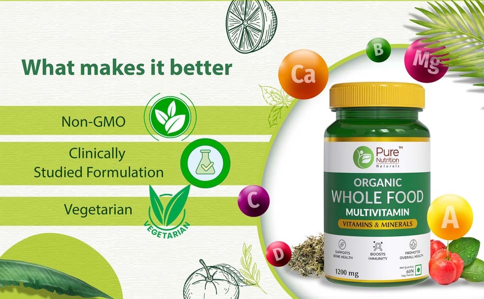 Pure Nutrition Organic Whole Food Multivitamin | Plant Based Multivitamin Tablets with Vitamins A, C, D3, E, K2, B-Complex, Biotin & B12 | Minerals with Calcium, Magnesium, Zinc, Iron & Selenium | 60 Veg Tablets