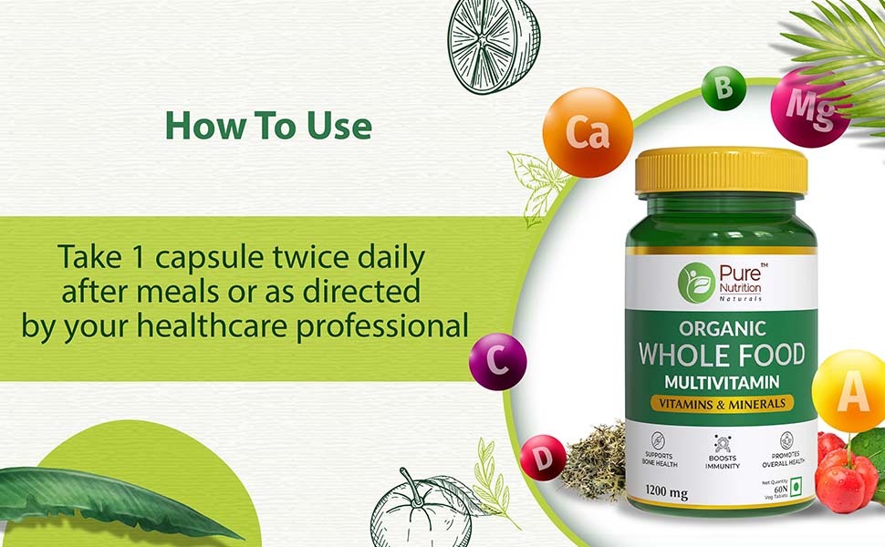 Pure Nutrition Organic Whole Food Multivitamin | Plant Based Multivitamin Tablets with Vitamins A, C, D3, E, K2, B-Complex, Biotin & B12 | Minerals with Calcium, Magnesium, Zinc, Iron & Selenium | 60 Veg Tablets