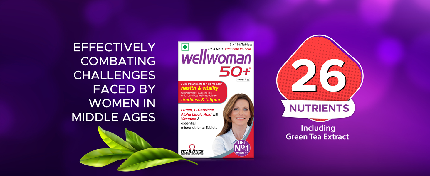 Wellwoman 50+ multivitamins for women over age 50 years with Vitamins,Iron,calcium,amino acids to support menopausal symptoms,maintain energy,Vision & Heart health| Vegetarian 30 Tablets, 20 grams