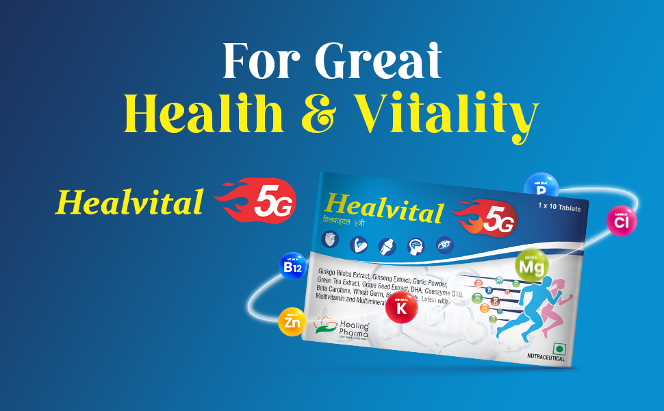 Healing Pharma - Healvital 5G Multivitamin Tablets For Men & Women With Natural Ginseng, Zinc, Biotin, Magnesium & Vitamin D3 For Daily Energy, Stamina & Immunity - 10 Tablets