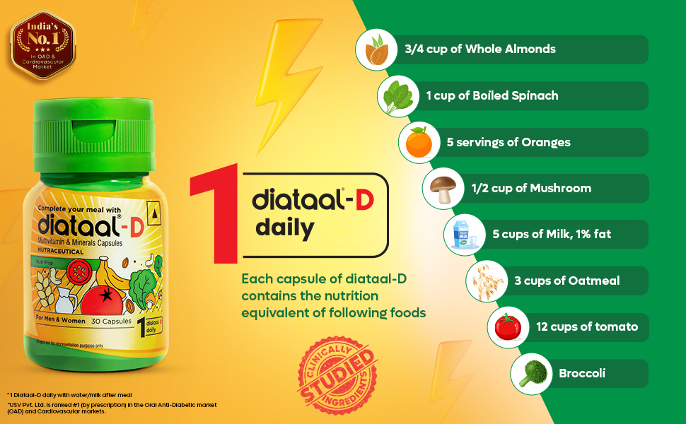 Diataal-D Vitamin D3 400IU | Multivitamin for Men & Women with Vitamin D3, ALA, B6, B12, B3, B9, Magnesium, Zinc and Copper | Energy, Immunity, Performance & Heart Health | 30 Capsules