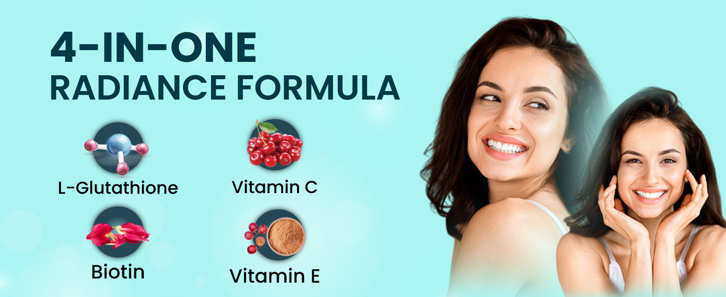 ZEROHARM L-Glutathione Reduced with Vitamin C, E & Biotin | Glutathione Capsules for Skin Whitening | Skin Glow, Pigmentation & Collagen Support for Men and Women | 1000mg per Serving | 60 Capsules