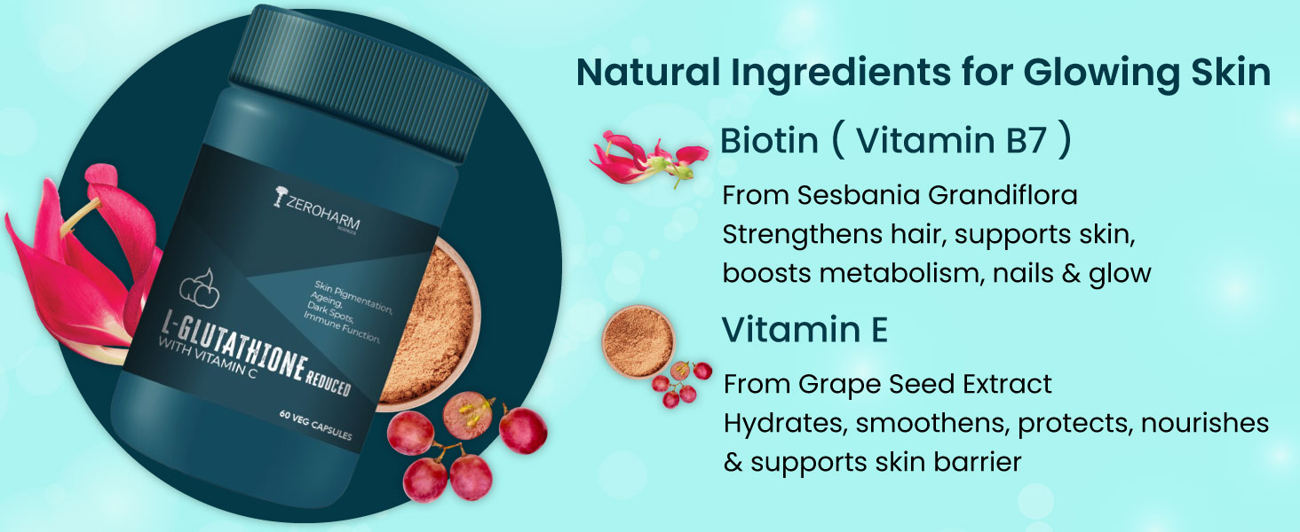 ZEROHARM L-Glutathione Reduced with Vitamin C, E & Biotin | Glutathione Capsules for Skin Whitening | Skin Glow, Pigmentation & Collagen Support for Men and Women | 1000mg per Serving | 60 Capsules