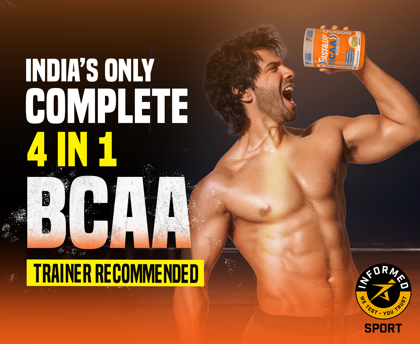 FAST&UP BCAA Orange Flavour Advanced BCAA Supplement with Glutamine, Citrulline, L-Arginine & Taurine - Pre/Post Workout & Intra Workout Supplement Powder for Adults(450gm, 30 Servings)