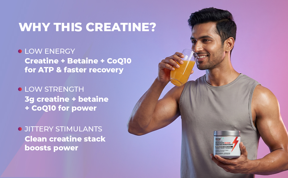 WOW Life Science Micronized Creatine Monohydrate Powder – ADVANCED BIO‑POWER STACK | 3g Creatine per Scoop with Betaine & Coenzyme Q10 | Strength, Power & Lean Muscle Support | No Bloat Formula | No Added Sugar | Great Tasting | For Men & Women | 135g (33 Servings) | Watermelon