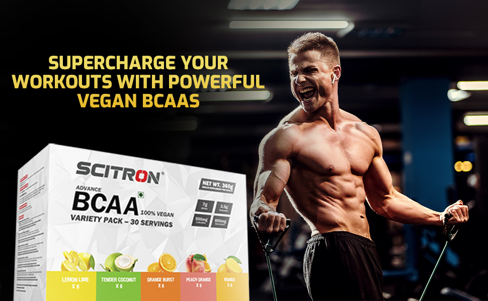 Scitron Advanced 100% VEGAN BCAA Variety Pack | Build Lean Muscle, Recover Faster | 5 Flavours Variety Box – 30 Servings (6 Single Servings of each flavour - Lemon Lime, Tender Coconut, Orange Burst, Peach Orange, Mango)