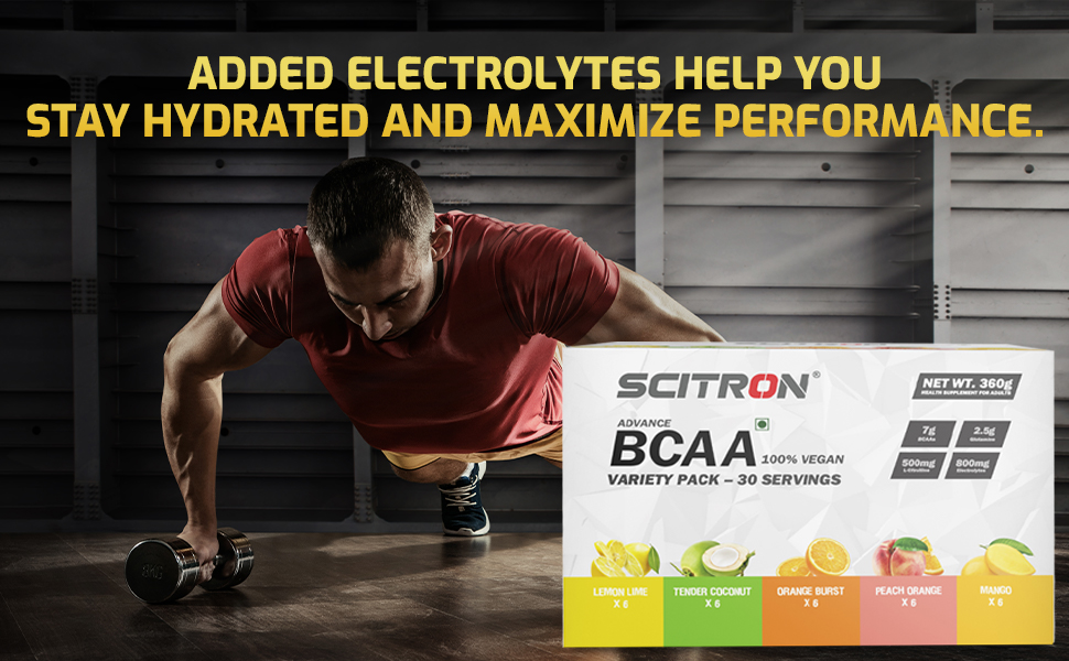 Scitron Advanced 100% VEGAN BCAA Variety Pack | Build Lean Muscle, Recover Faster | 5 Flavours Variety Box – 30 Servings (6 Single Servings of each flavour - Lemon Lime, Tender Coconut, Orange Burst, Peach Orange, Mango)