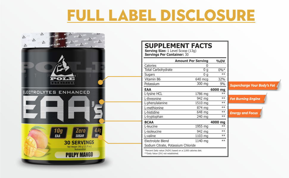 Pole Nutrition EAA Electrolytes - Enhanced, Zero Sugar, Natural Lime Flavour | 390g, 30 Servings | Premium Amino Acid & Hydration Formula
