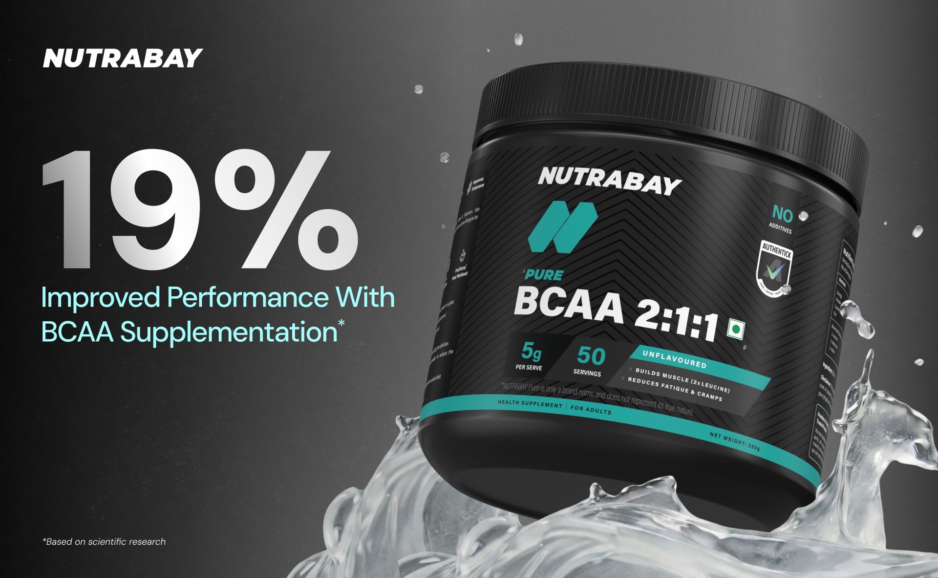 Nutrabay Pure BCAA 2:1:1-5000 mg BCAAs | Intra/Post Workout Energy Drink for Muscle Recovery & Endurance - 250g Unflavoured