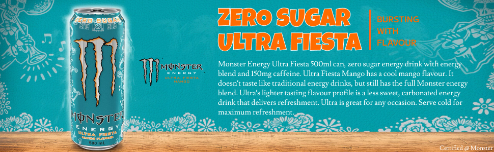 Monster Energy® Ultra Fiesta® Mango Carbonated Energy Drink | L-Carnitine + Taurine + Zero Sugar, 16.91 fl oz ℮ 500 ml