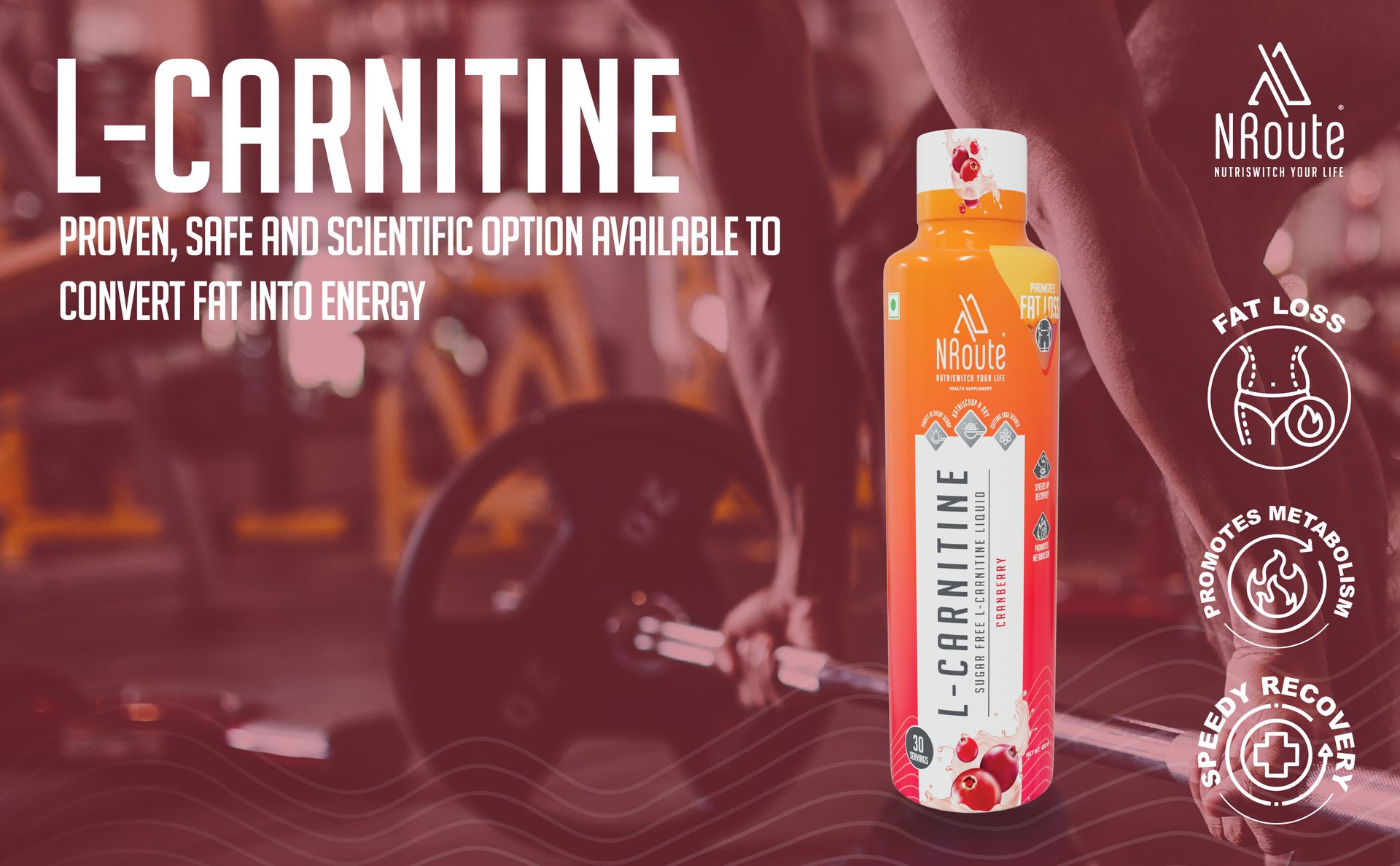 NRoute L-Carnitine 3000mg Liquid Burns Fat for Energy, Zero Sugar Fat Loss Drink a Liquid supplement for Muscle Growth - Cranberry 450ml