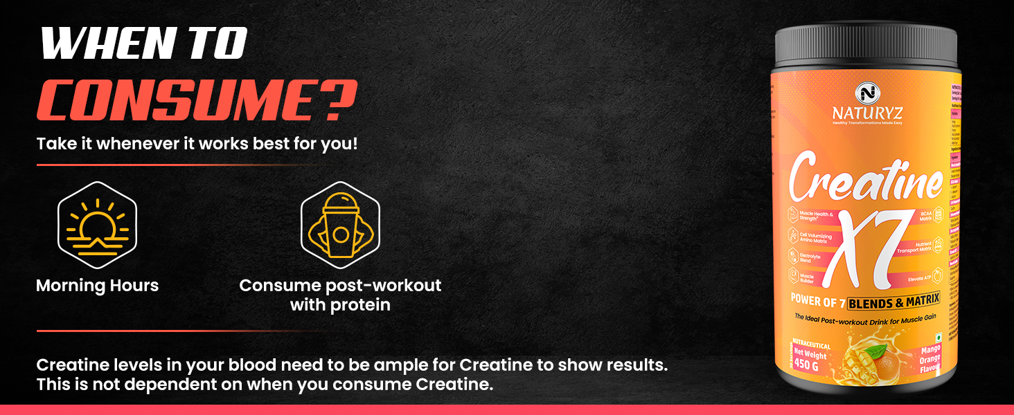 NATURYZ Creatine X7 Pure Micronized Creatine Monohydrate Post Workout drink | Rapid Absorption with Aminos | BCAA | ATP Transport Matrix | Muscle Growth & Strength | Power of 7 Blends | Muscle Builder- 450g(Mango Orange)