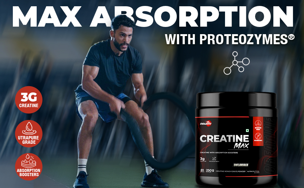 Neulife Creatine - MAX 100%, 250g - 81 servings | Pure Micronized Creatine Monohydrate Powder - Enhanced Absorption Boosters | Heavy Metal Free | Muscle Strength | Recovery & Performance - Unflavored