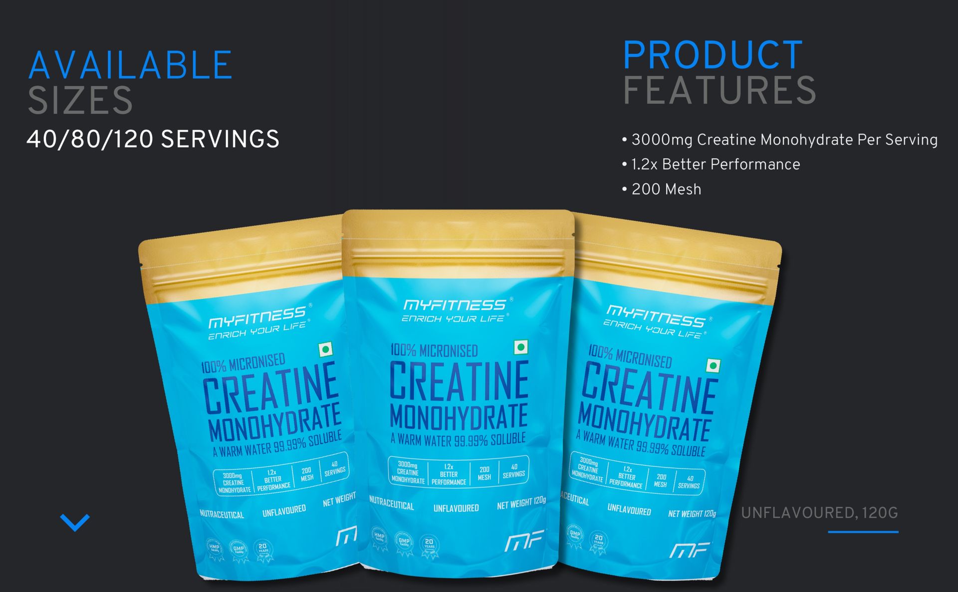Myfitness Creatine Powder | Pure Micronised Creatine Monohydrate | Pre Workout Supplement | 40 Servings | Unflavoured | 120g |