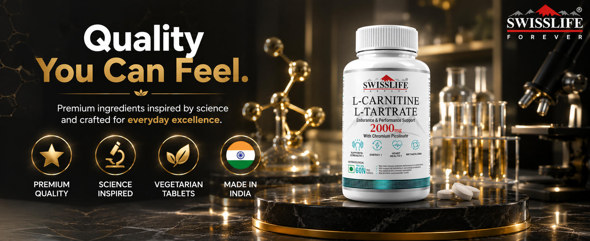 Swisslife Forever | L-Carnitine L-Tartrate 2000mg Tablets for Fat Metabolism & Energy Support | Chromium Picolinate for Weight Management, Endurance & Recovery | 60 Vegan Tablets