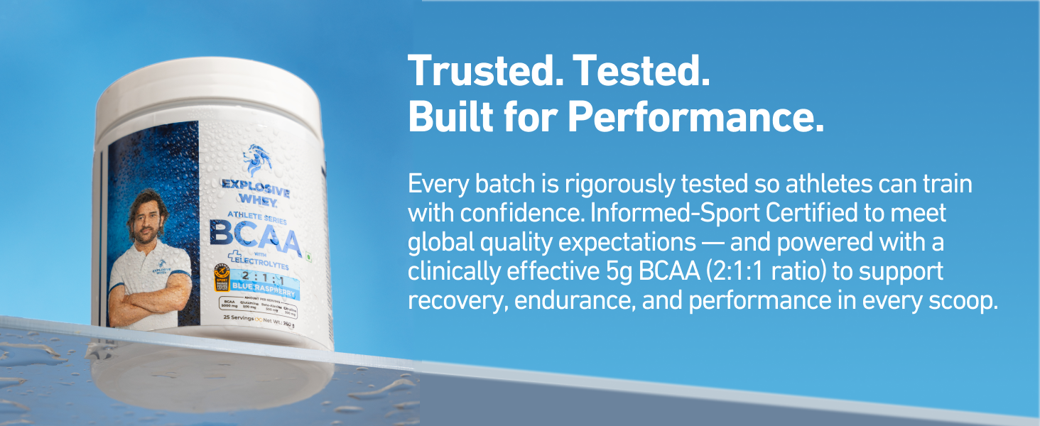 Explosive Whey Athlete Series BCAA - 250g | Trusted By M.S. Dhoni | 5g BCAA (2:1:1 Ratio) + 500mg Glutamine | Enhanced Muscle Recovery & Endurance | Intra workout (250 Gm, Orange)