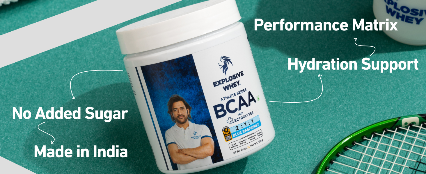 Explosive Whey Athlete Series BCAA - 250g | Trusted By M.S. Dhoni | 5g BCAA (2:1:1 Ratio) + 500mg Glutamine | Enhanced Muscle Recovery & Endurance | Intra workout (250 Gm, Orange)