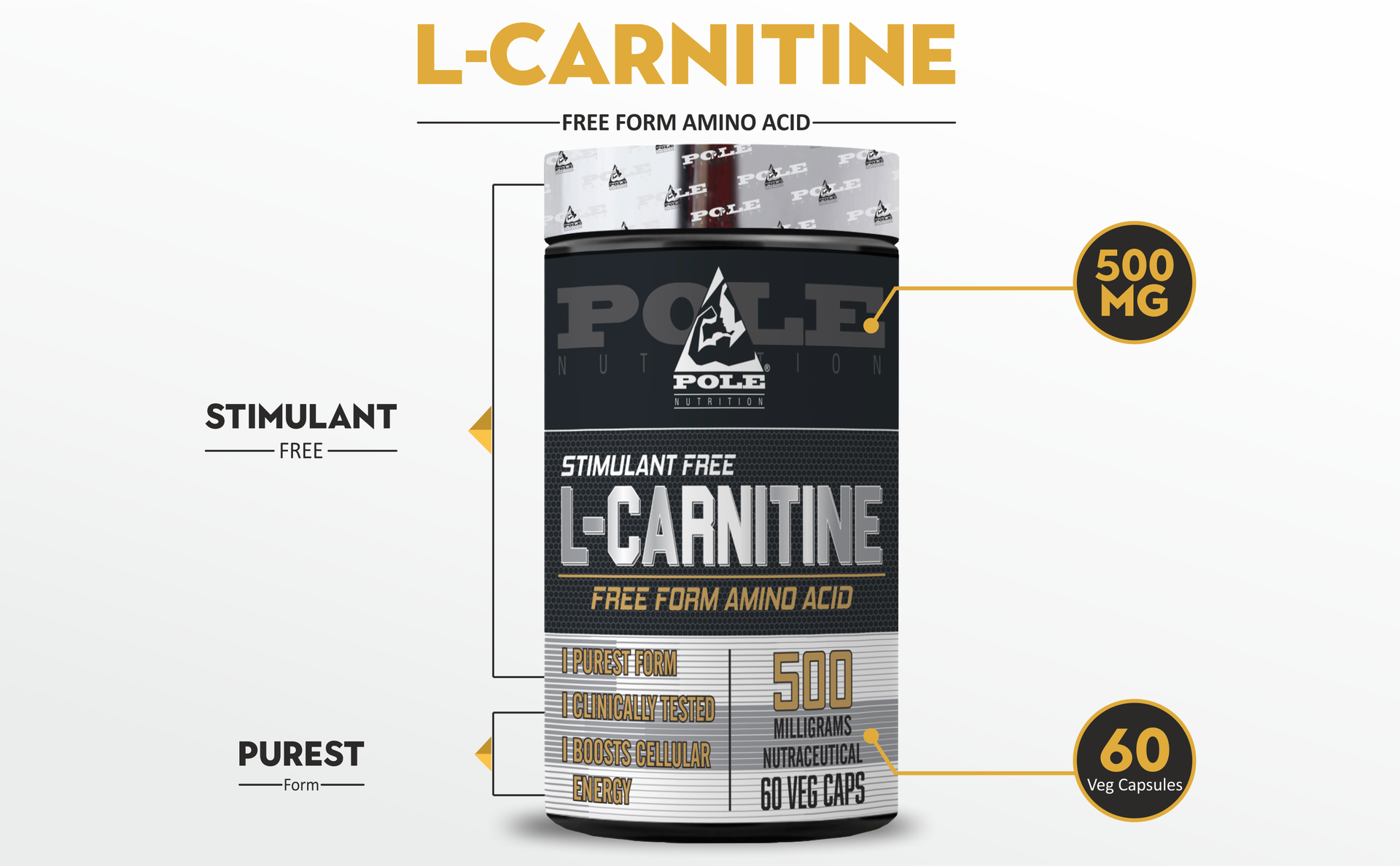 Pole Nutrition L-Carnitine Free Form Amino Acid 500mg - 60 Veg Capsules | Energy Production and Fat Metabolism Support - Vegetarian Formula
