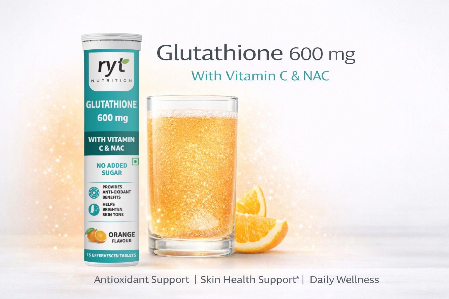 Glutathione (600mg), 15 Effervescent Tablets (Orange Flavour), With Vitamin C & NAC | For Skin Health For Men & Women, Detoxification, And Immunity Booster